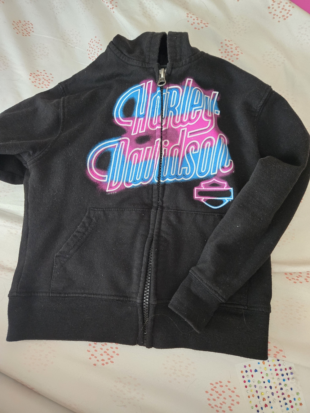 Harley-Davidson Girls' Black Zip Hoodie with Pink & Blue Logo